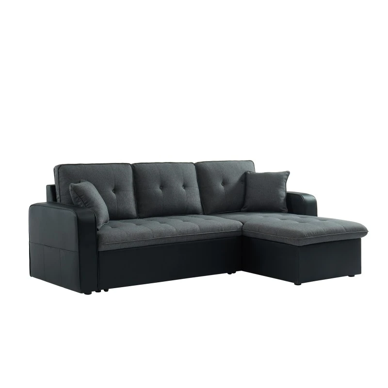 Canapé D'angle CANVAS Tissu Gris PU Noir Avec Coffre Convertible 4 Places 2 Canapé D'angle CANVAS Tissu Gris PU Noir Avec Coffre Convertible 4 Places – Image 2