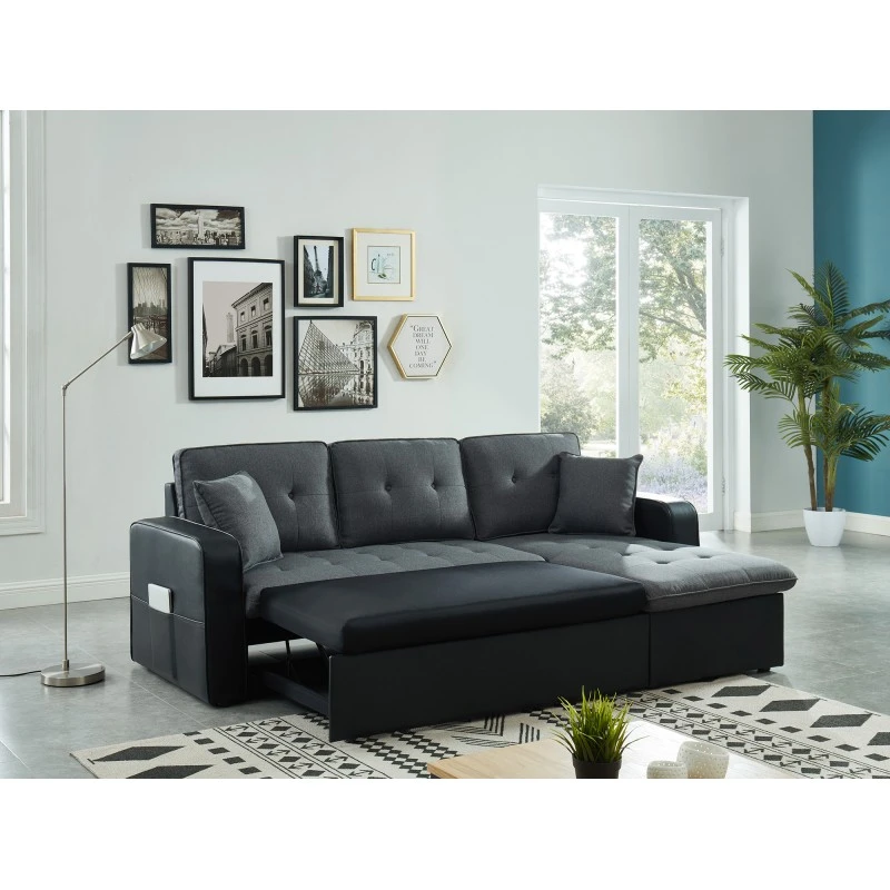 Canapé D'angle CANVAS Tissu Gris PU Noir Avec Coffre Convertible 4 Places 3 Canapé D'angle CANVAS Tissu Gris PU Noir Avec Coffre Convertible 4 Places – Image 3