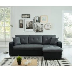Canapé D'angle CANVAS Tissu Gris PU Noir Avec Coffre Convertible 4 Places