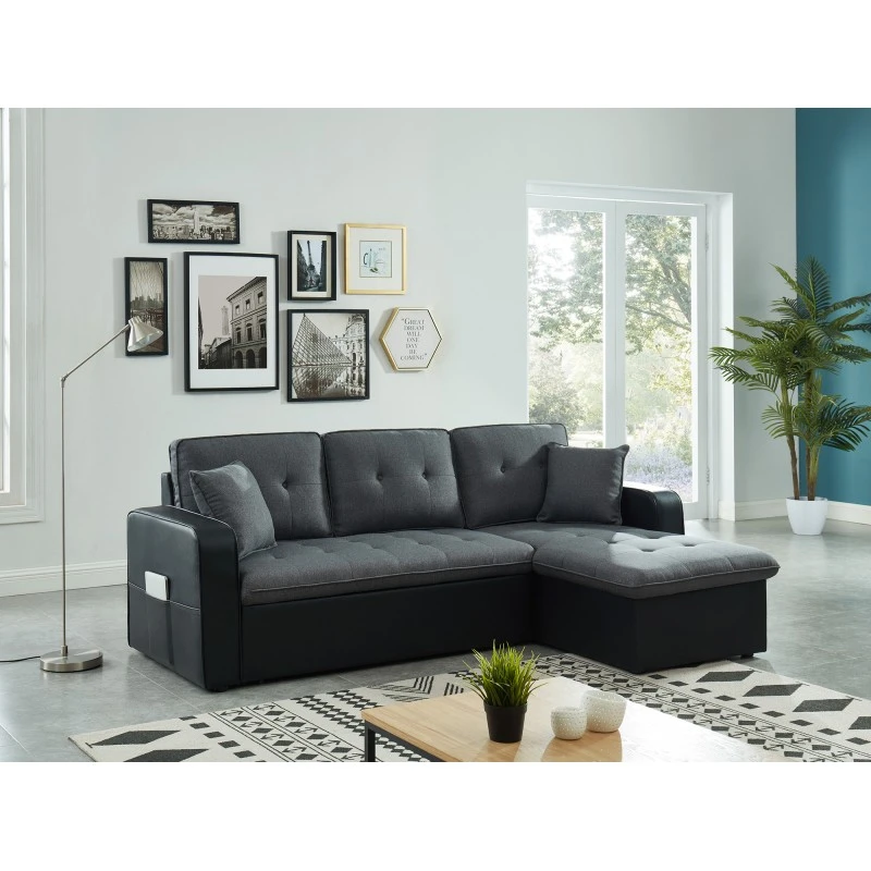 Canapé D'angle CANVAS Tissu Gris PU Noir Avec Coffre Convertible 4 Places 5 Canapé D'angle CANVAS Tissu Gris PU Noir Avec Coffre Convertible 4 Places – Image 5