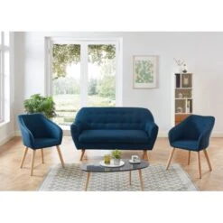 Ensemble HILDA En Tissu Bleu 1 Canapé Et 2 Fauteuils