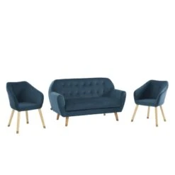 Ensemble HILDA En Velours Bleu Avec Piètement Bois Et Doré 1 Canapé Et 2 Fauteuils -Maison Jardin Élégance ensemble hilda en velours bleu pieds bois dore 1 canape et 2 fauteuils 2