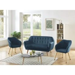 Ensemble HILDA En Velours Bleu Avec Piètement Bois Et Doré 1 Canapé Et 2 Fauteuils -Maison Jardin Élégance ensemble hilda en velours bleu pieds bois dore 1 canape et 2 fauteuils 4