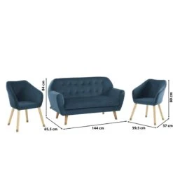 Ensemble HILDA En Velours Bleu Avec Piètement Bois Et Doré 1 Canapé Et 2 Fauteuils -Maison Jardin Élégance ensemble hilda en velours bleu pieds bois dore 1 canape et 2 fauteuils 5
