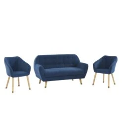 Ensemble HILDA En Velours Côtelé Bleu Avec Piètement Bois Et Doré 1 Canapé Et 2 Fauteuils -Maison Jardin Élégance ensemble hilda en velours cotele bleu pieds dore 1 canape et 2 fauteuils 2