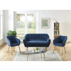 Ensemble HILDA En Velours Côtelé Bleu Avec Piètement Bois Et Doré 1 Canapé Et 2 Fauteuils