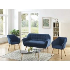 Ensemble HILDA En Velours Côtelé Bleu Avec Piètement Bois Et Doré 1 Canapé Et 2 Fauteuils -Maison Jardin Élégance ensemble hilda en velours cotele bleu pieds dore 1 canape et 2 fauteuils 4