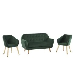Ensemble HILDA En Velours Vert Avec Piètement Bois Et Doré 1 Canapé Et 2 Fauteuils -Maison Jardin Élégance ensemble hilda en velours vert pieds bois dore 1 canape et 2 fauteuils 2
