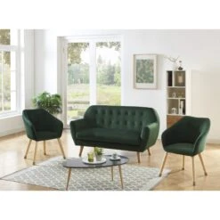 Ensemble HILDA En Velours Vert Avec Piètement Bois Et Doré 1 Canapé Et 2 Fauteuils -Maison Jardin Élégance ensemble hilda en velours vert pieds bois dore 1 canape et 2 fauteuils 4