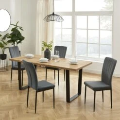 Ensemble Repas FELIX Effet Chêne Et Velours Gris 4 Chaises