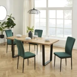 Ensemble Repas FELIX Effet Chêne Et Velours Vert 4 Chaises