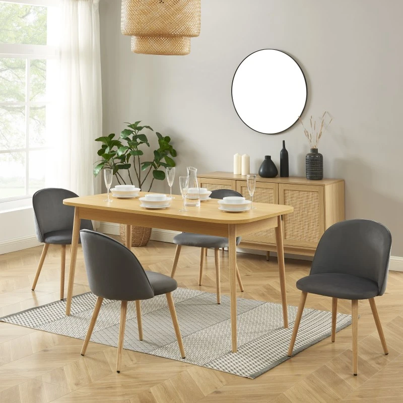 Ensemble Repas MACARON Effet Chêne Et Velours Gris 4 Chaises 1 Ensemble Repas MACARON Effet Chêne Et Velours Gris 4 Chaises