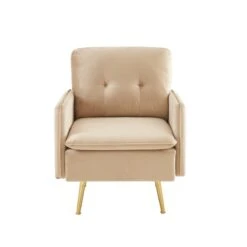 Fauteuil ADAM Velours Beige Avec Piètement En Métal Doré -Maison Jardin Élégance fauteuil adam velours beige pied en metal dore 2