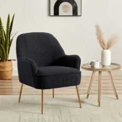 Fauteuil MARCELINO En Tissu Bouclette Anthracite Avec Piètement Doré