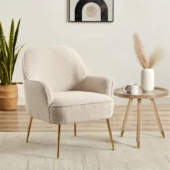 Fauteuil MARCELINO En Tissu Bouclette Beige Avec Piètement Doré