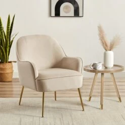 Fauteuil MARCELINO En Velours Beige Avec Piètement Doré