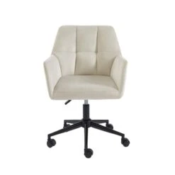 Fauteuil De Bureau MONACO En Velours Blanc Cassé Avec Pieds Noirs -Maison Jardin Élégance fauteuil monaco en velours blanc casse avec pieds noir 2