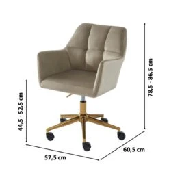 Fauteuil De Bureau MONACO En Velours Taupe Avec Pieds Dorés -Maison Jardin Élégance fauteuil monaco en velours taupe avec pieds dore 5