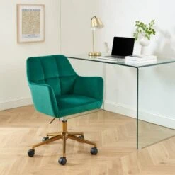 Fauteuil De Bureau MONACO En Velours Vert Avec Pieds Dorés