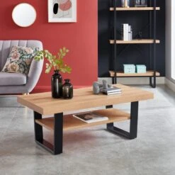 Table Basse FELIX Effet Chêne Et Métal Noir Double Plateau