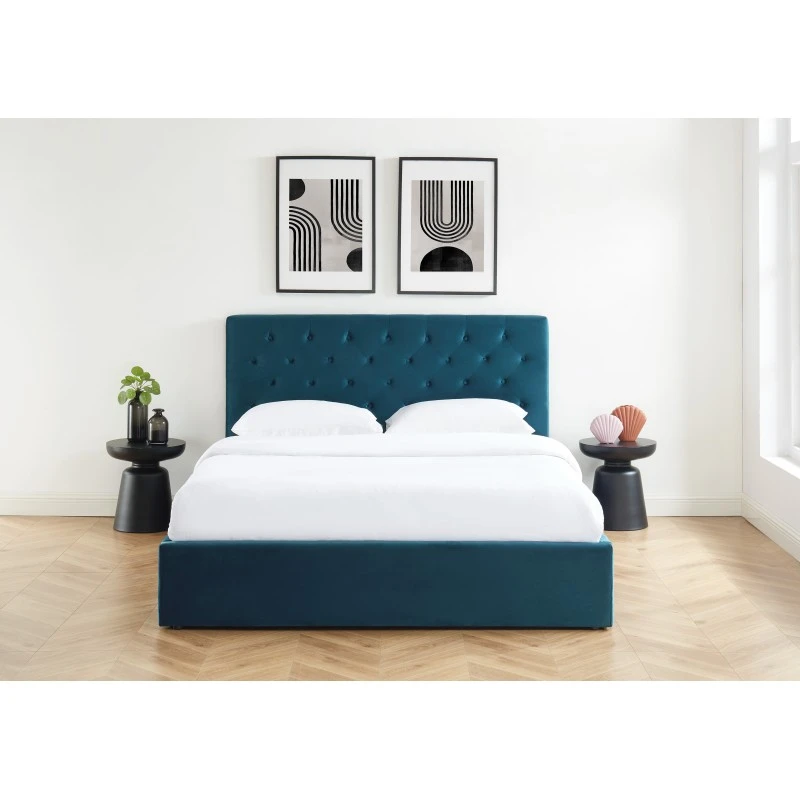 Lit Double Avec Coffre HUBERT Velours Bleu Paon 160x200 Sommier Inclus 1 Lit Double Avec Coffre HUBERT Velours Bleu Paon 160x200 Sommier Inclus