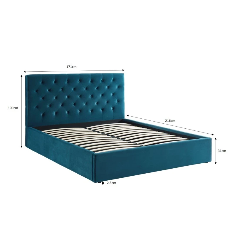 Lit Double Avec Coffre HUBERT Velours Bleu Paon 160x200 Sommier Inclus 2 Lit Double Avec Coffre HUBERT Velours Bleu Paon 160x200 Sommier Inclus – Image 2