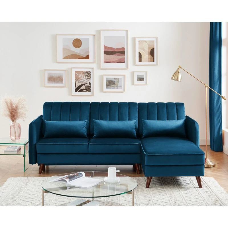 Canapé D'angle IDAHO En Velours Bleu Convertible 1 Canapé D'angle IDAHO En Velours Bleu Convertible