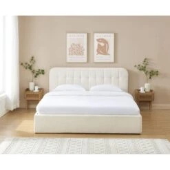 Lit Coffre ANDRE Tissu Bouclette écru 180x200 Sommier Inclus