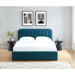 Lit Coffre ANDRE Velours Bleu Paon Sommier 160x200 Inclus