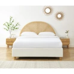 Lit Coffre TSUKI 140x190 Tissu Bouclette écru Et Cannage Rotin