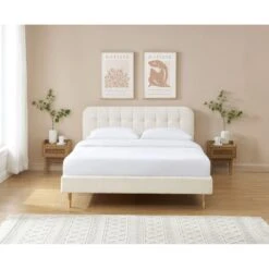 Lit Double ANDRE Tissu Bouclettes écru 160x200 Sommier Inclus