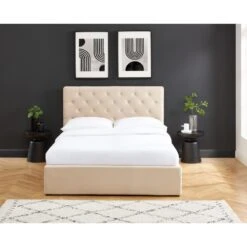 Lit Double Avec Coffre HUBERT Velours Beige 140x190 Sommier Inclus