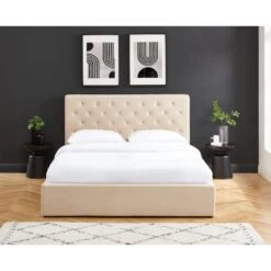 Lit Double Avec Coffre HUBERT Velours Beige 160x200 Sommier Inclus