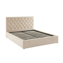 Lit Double Avec Coffre HUBERT Velours Beige 160x200 Sommier Inclus -Maison Jardin Élégance lit double avec coffre hubert velours beige 160x200 sommier inclus 4