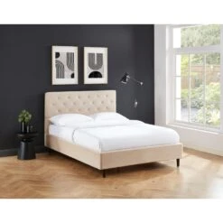 Lit Double HUBERT Velours Beige Sommier 140x190 Cm Inclus -Maison Jardin Élégance lit double hubert velours beige sommier 140x190 cm inclus 1