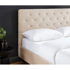 Lit Double HUBERT Velours Beige Sommier 140x190 Cm Inclus -Maison Jardin Élégance lit double hubert velours beige sommier 140x190 cm inclus 2