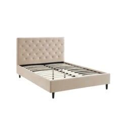 Lit Double HUBERT Velours Beige Sommier 140x190 Cm Inclus -Maison Jardin Élégance lit double hubert velours beige sommier 140x190 cm inclus 4