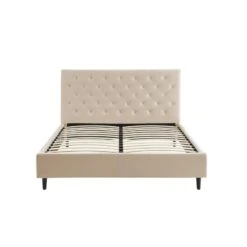 Lit Double HUBERT Velours Beige Sommier 160x200 Cm Inclus -Maison Jardin Élégance lit double hubert velours beige sommier 160x200 cm inclus 2