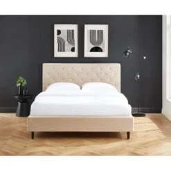 Lit Double HUBERT Velours Beige Sommier 160x200 Cm Inclus