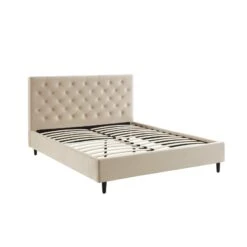 Lit Double HUBERT Velours Beige Sommier 160x200 Cm Inclus -Maison Jardin Élégance lit double hubert velours beige sommier 160x200 cm inclus 3