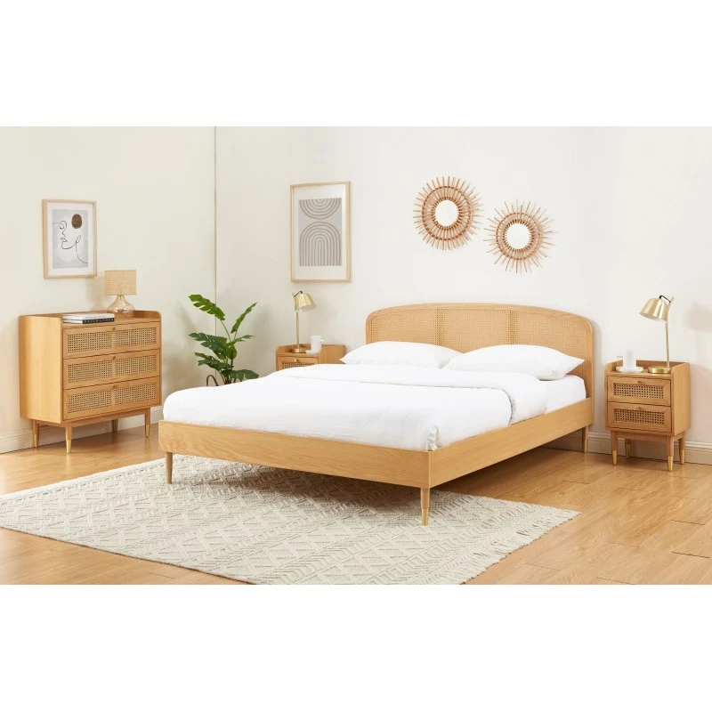 Lit Double LEON Placage Chêne Et Cannage Rotin 160x200 Sommier Inclus 2 Lit Double LEON Placage Chêne Et Cannage Rotin 160x200 Sommier Inclus – Image 2