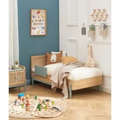 Lit Enfant PABLO Bleu Et Cannage Rotin 70x140 Sommier Inclus