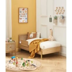 Lit Enfant PABLO Cannage Rotin Et Effet Bois 70x140 Sommier Inclus