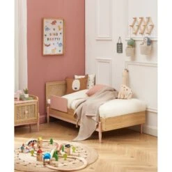 Lit Enfant PABLO Rose Et Cannage Rotin 70x140 Sommier Inclus