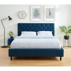 Lit Double HUBERT Velours Bleu Paon 160x200 Sommier Inclus