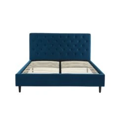 Lit Double HUBERT Velours Bleu Paon 160x200 Sommier Inclus -Maison Jardin Élégance lit hubert velours bleu 160x200cm 4