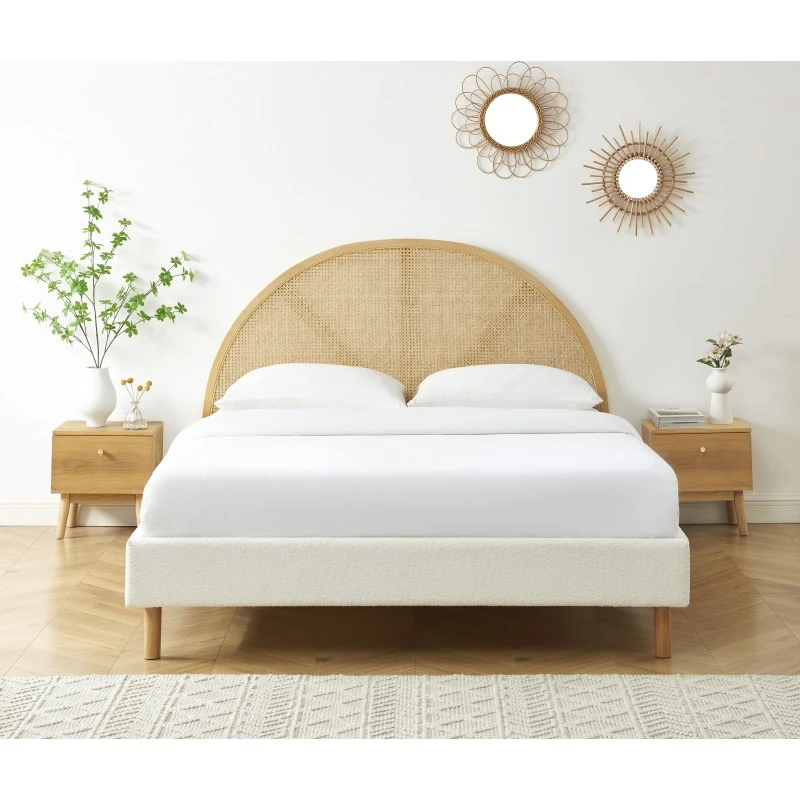 Lit Double TSUKI 160x200 Tissu Bouclette écru Et Cannage Rotin 1 Lit Double TSUKI 160x200 Tissu Bouclette écru Et Cannage Rotin