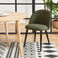 Lot De 2 Chaises MACARON Tissu Bouclettes Kaki Pieds Métal Noir -Maison Jardin Élégance lot de 2 chaises macaron tissu boucelttes kaki pieds metal noir 1