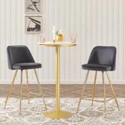 Lot De 2 Tabourets EUGENE En Velours Gris Foncé Avec Pieds Dorés