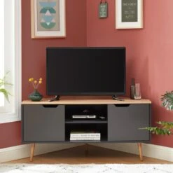 Meuble Tv D'angle LYNA Gris Et Effet Chêne 2 Portes 115cm